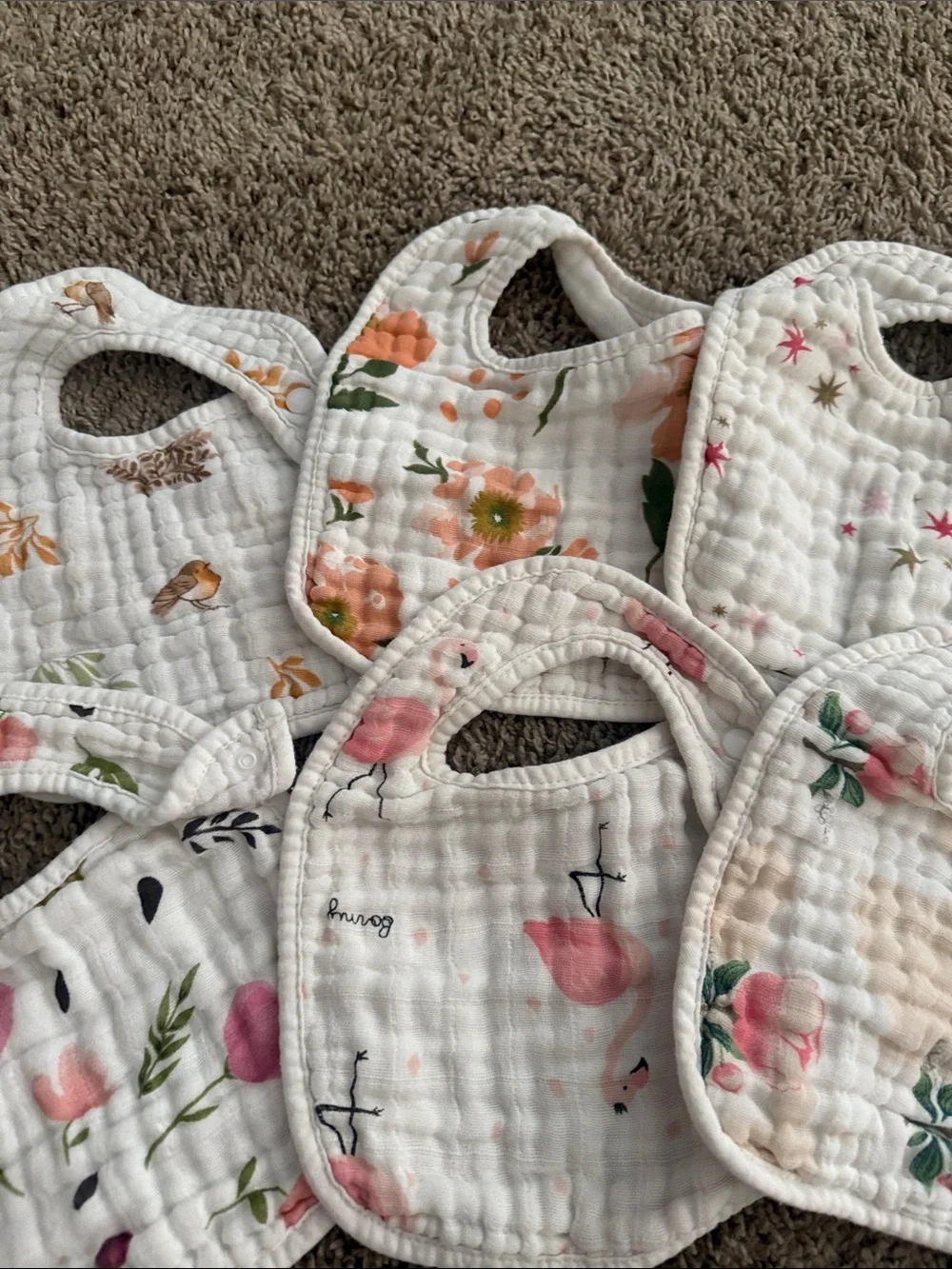 Baby Muslin Floral Bibs - Soft White and Pink (Set of 6)
